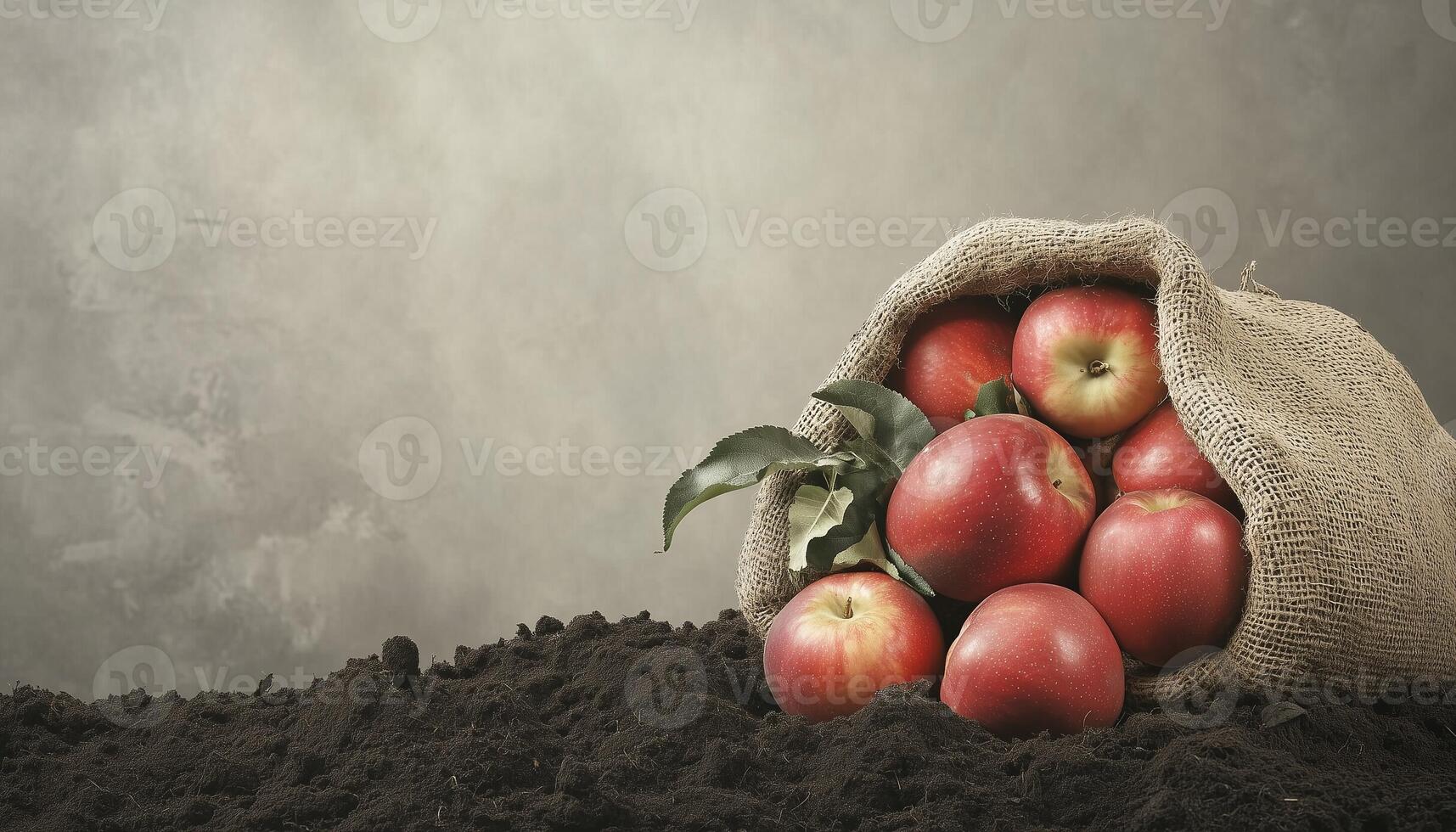 Apple fruit in sack bag linen container in soil gardening area photo