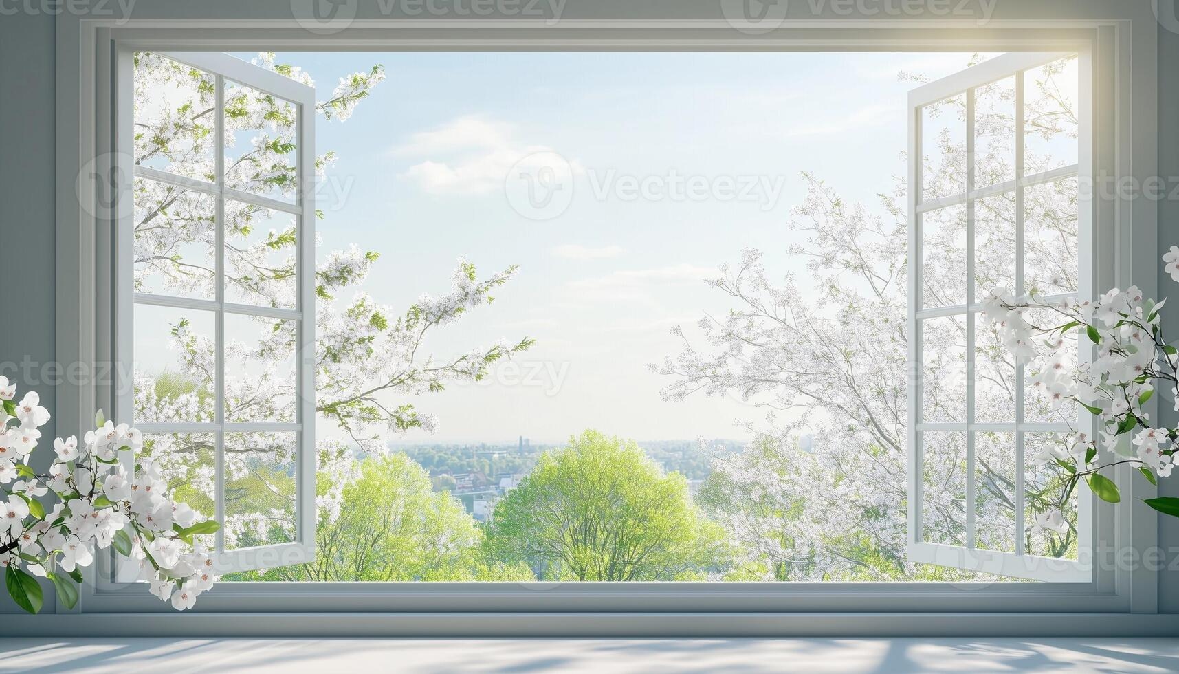 Spring view white flower fresh sky from glass window home interior decoration photo