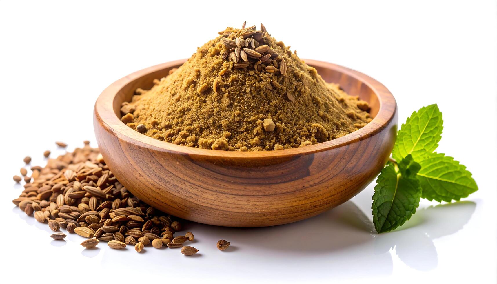 Cumin Powder in Bowl with Seeds and Mint photo