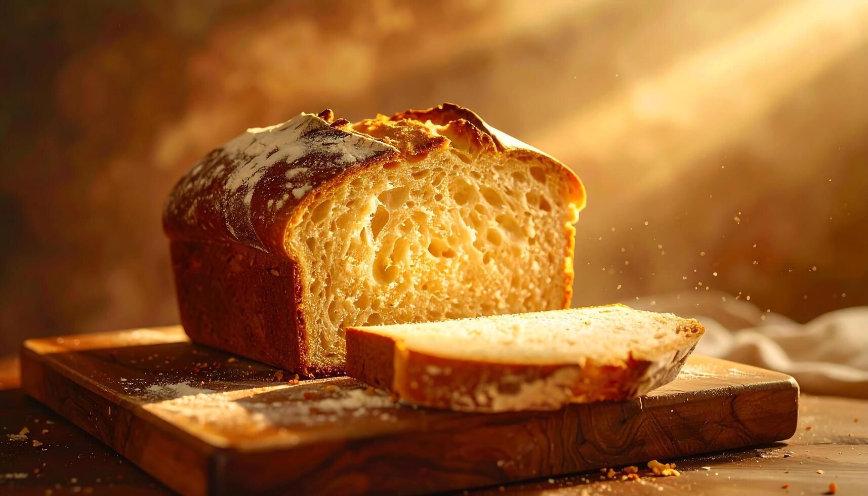 Loaf of Bread with Slice on Cutting Board photo