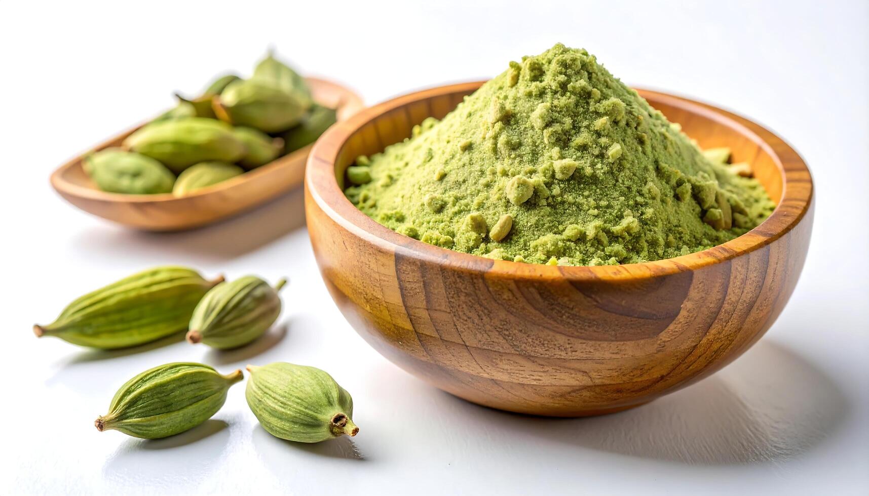 Cardamom Pods and Powder in Wooden Bowl photo