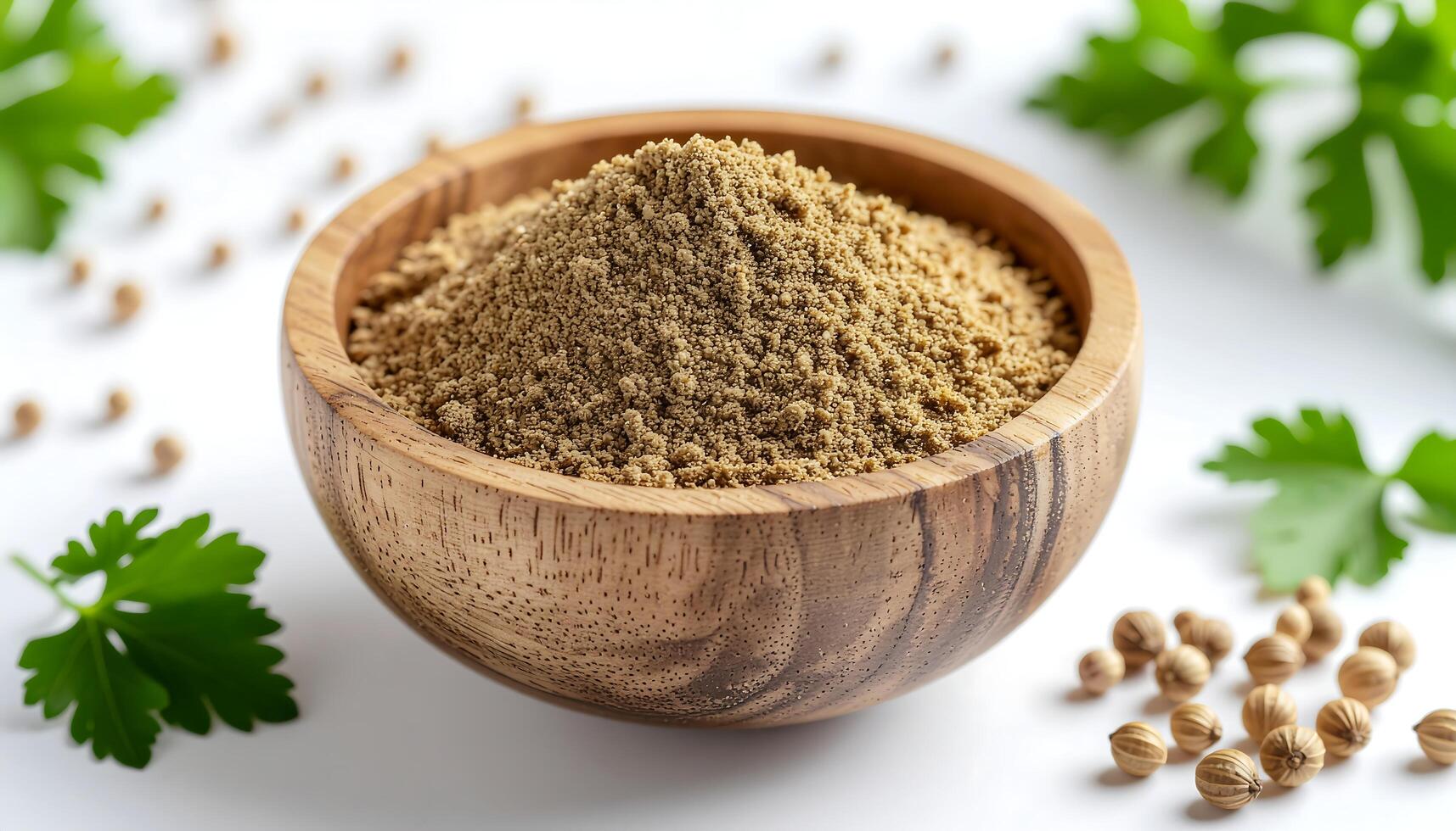 Ground Coriander in Wood Bowl with Seeds and Parsley photo