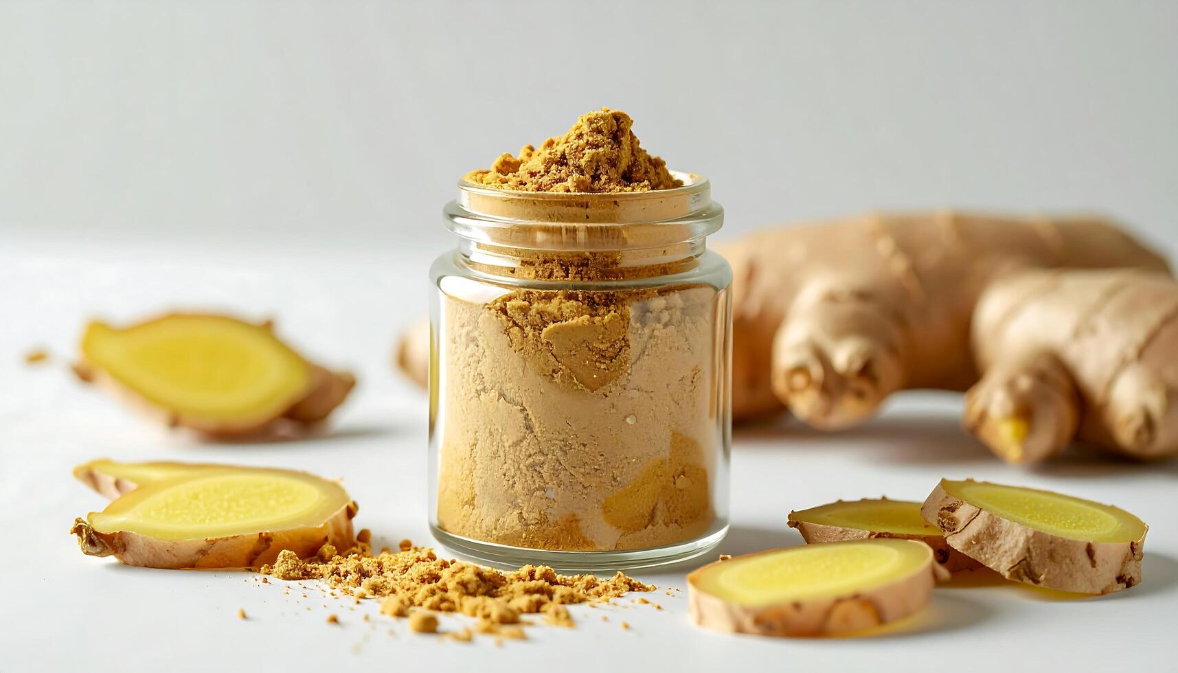 Ginger Powder and Root on White Background photo