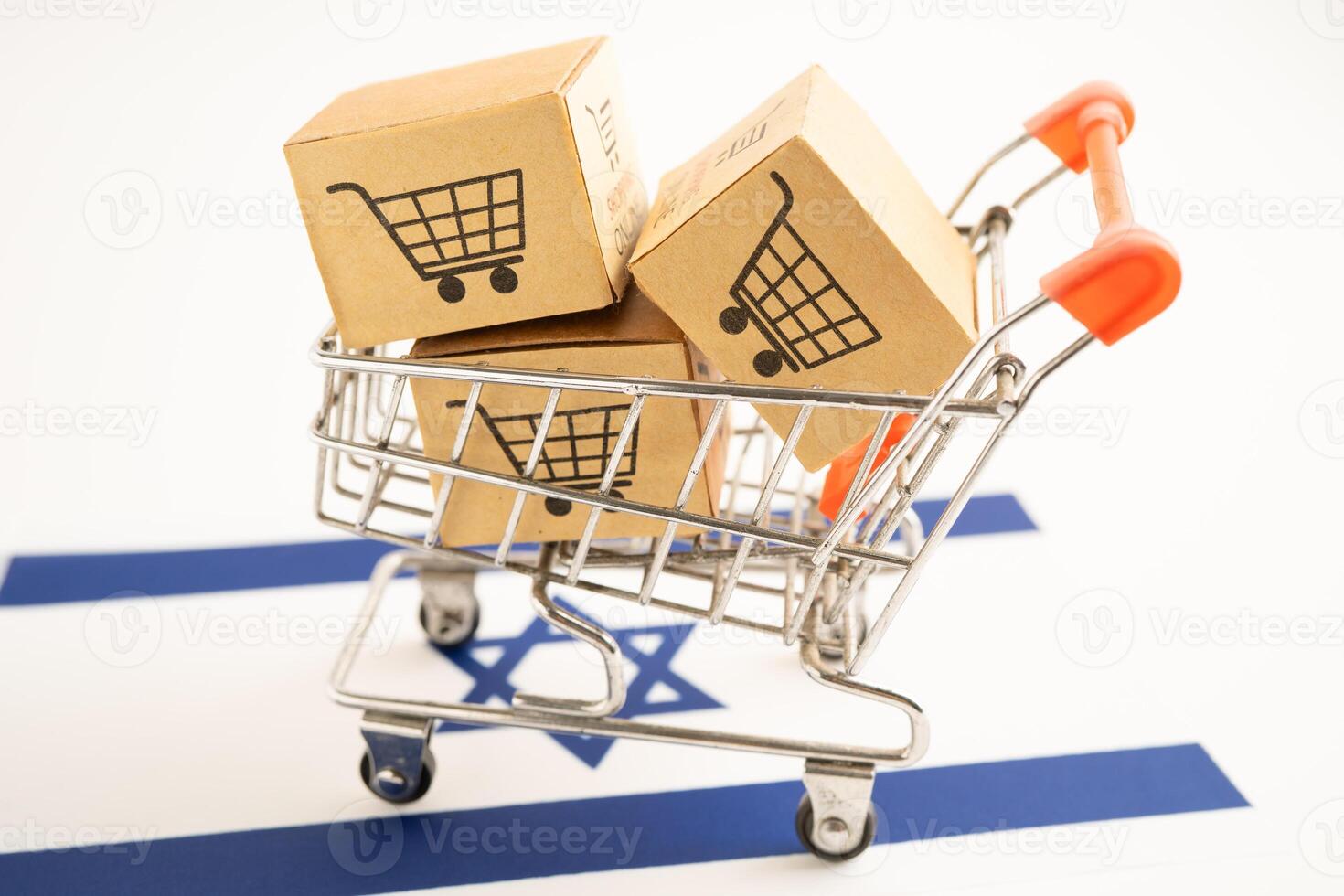 Box with shopping online cart logo and Israel flag, Import Export Shopping online or commerce finance delivery service store product photo