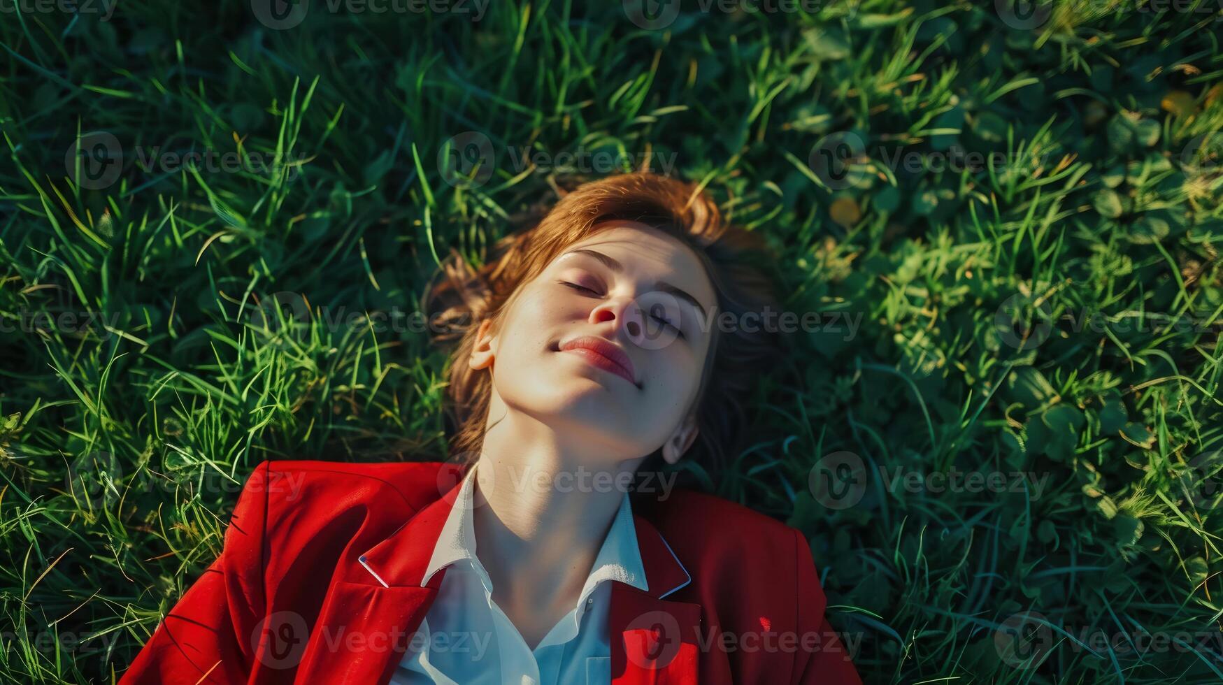 a young businesswoman is relaxing lying on the grass field to relieve the tiredness of busy work. Shoot from above photo