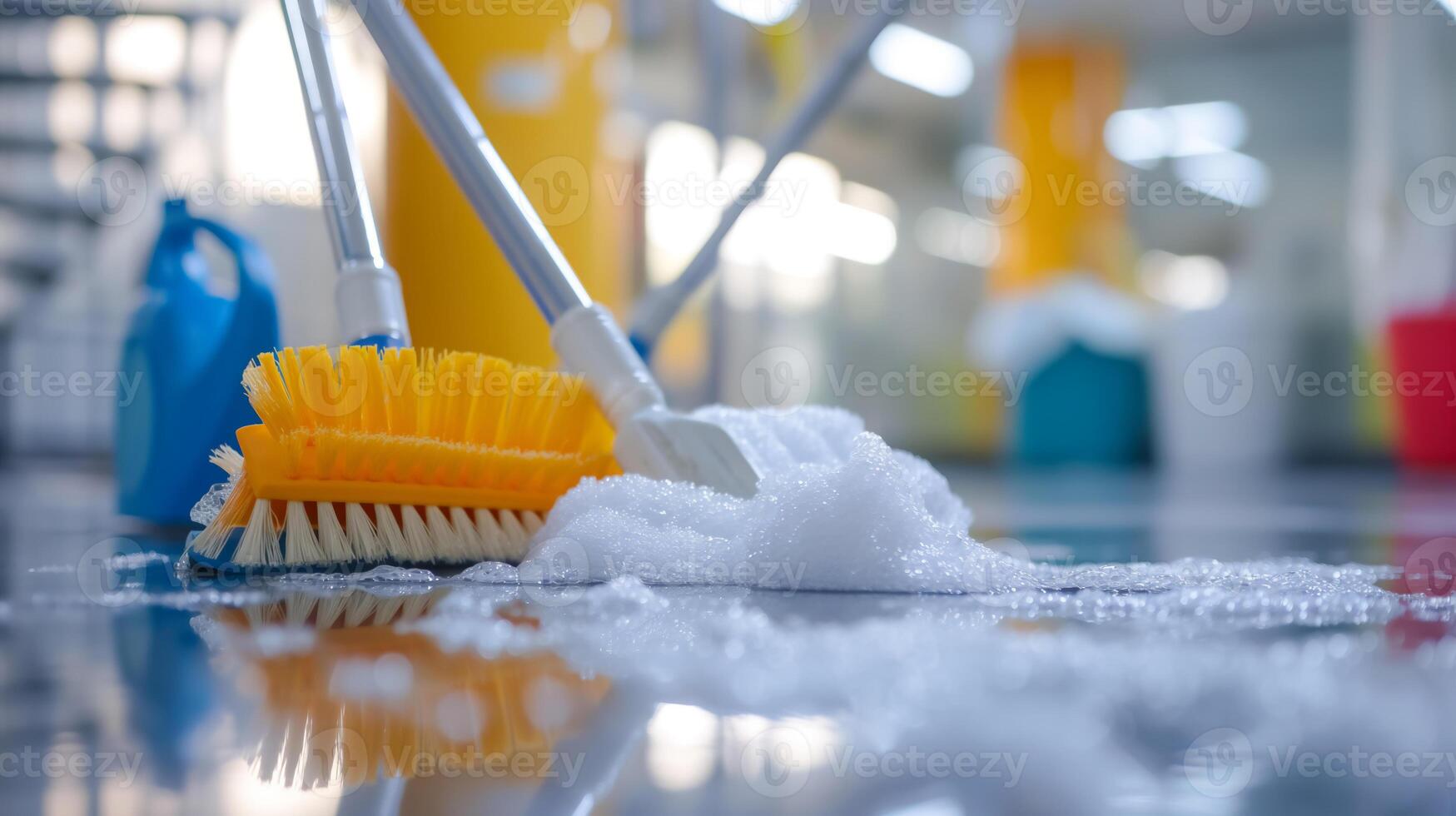 some cleaning equipment. bottle spray, rug and brush photo