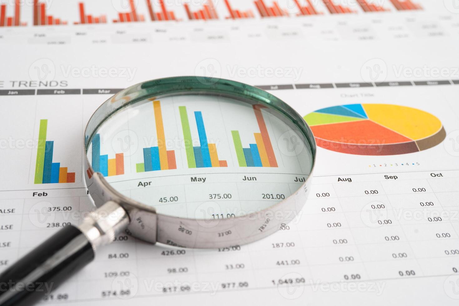 Magnifying glass on spreadsheet and graph paper. Financial data photo