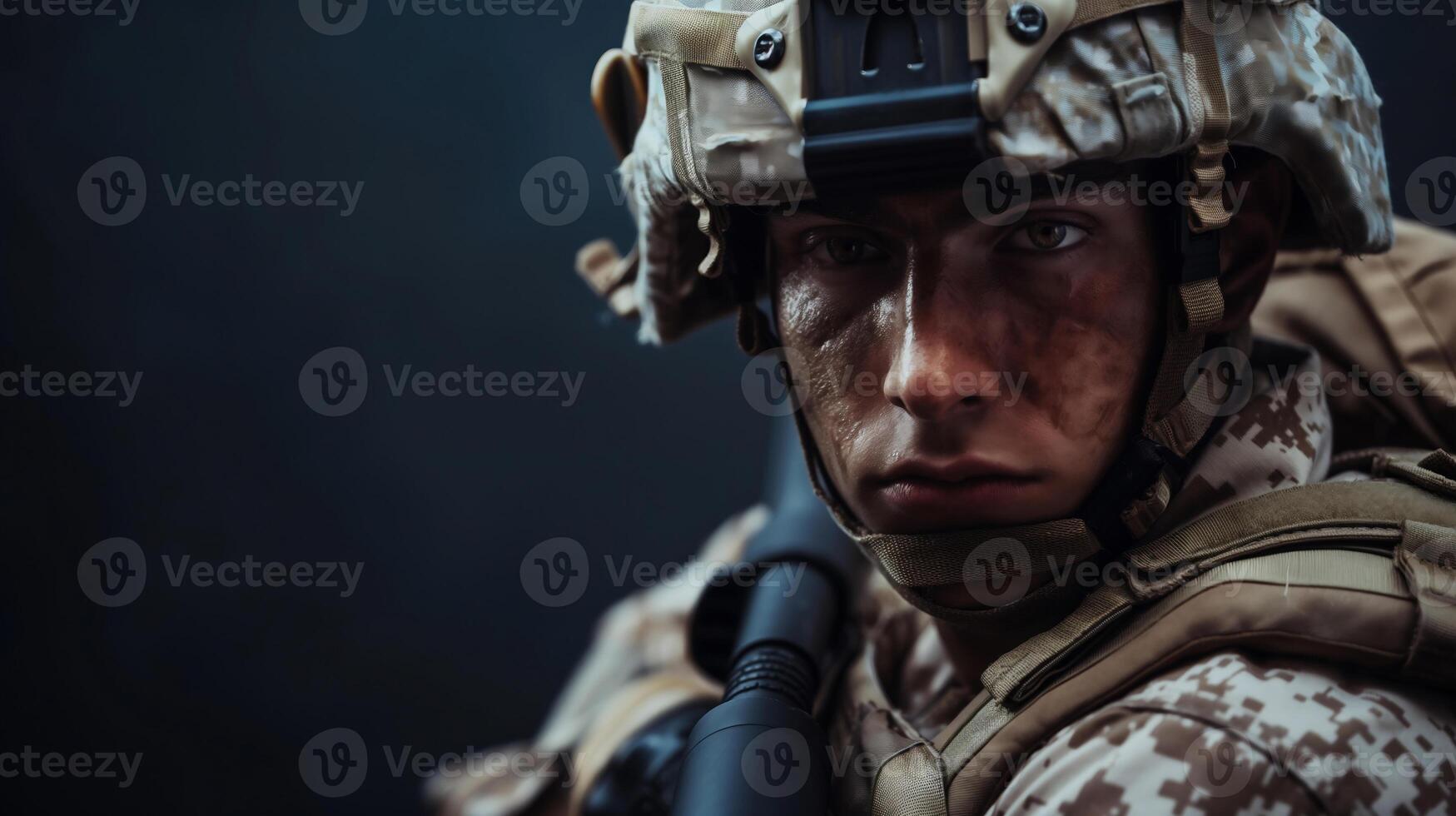 Close up Detail portrait of Marine Army Soldier ready to battle photo