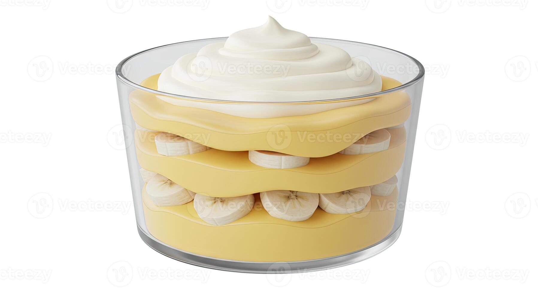 Creamy Banana Pudding in Clear Glass Bowl Topped with Whipped Cream photo