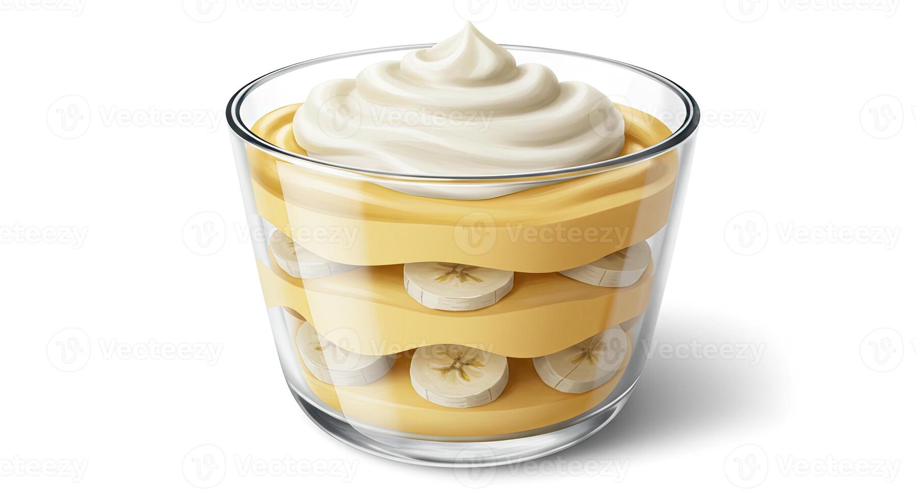 Delicious Banana Pudding in Clear Glass Dish with Whipped Cream photo