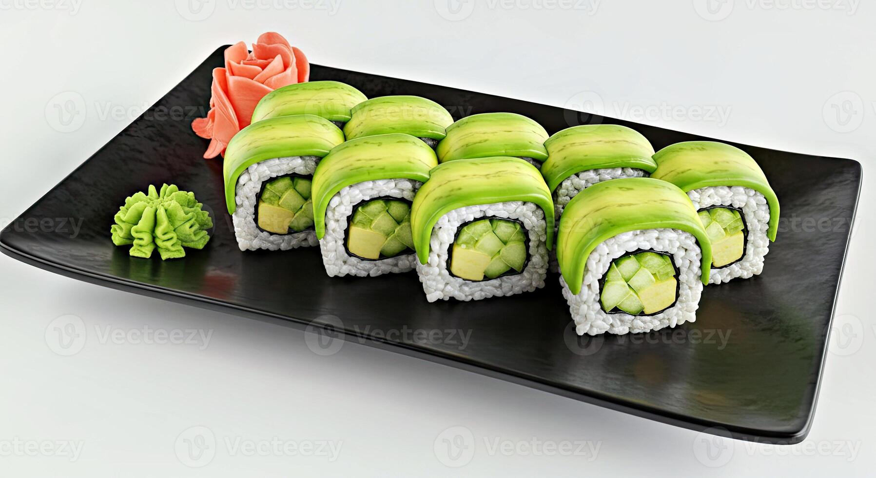 Close Up View of Fresh Avocado Sushi Rolls on a Black Rectangular Plate photo
