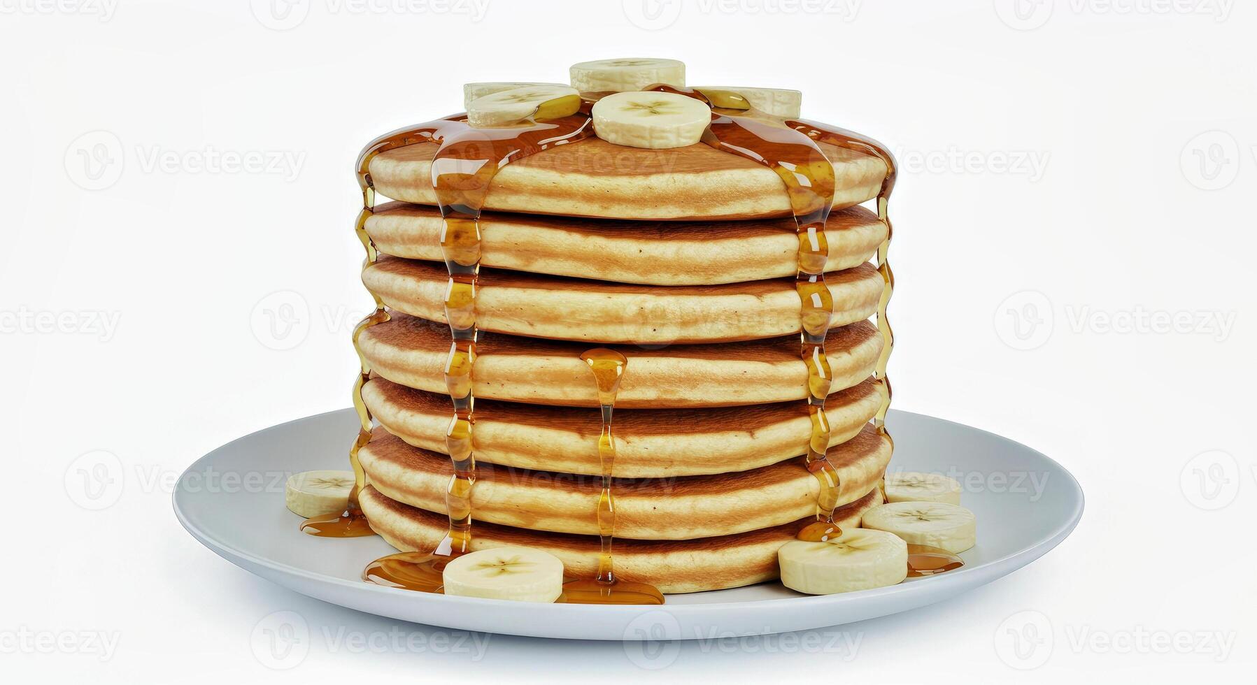 Stack of Fluffy Banana Pancakes with Maple Syrup on White Backdrop photo