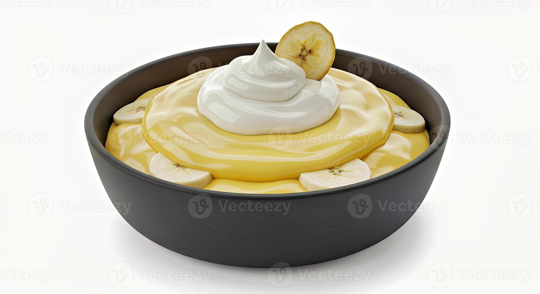 Decadent Banana Pudding with Whipped Cream in Black Dessert Dish photo
