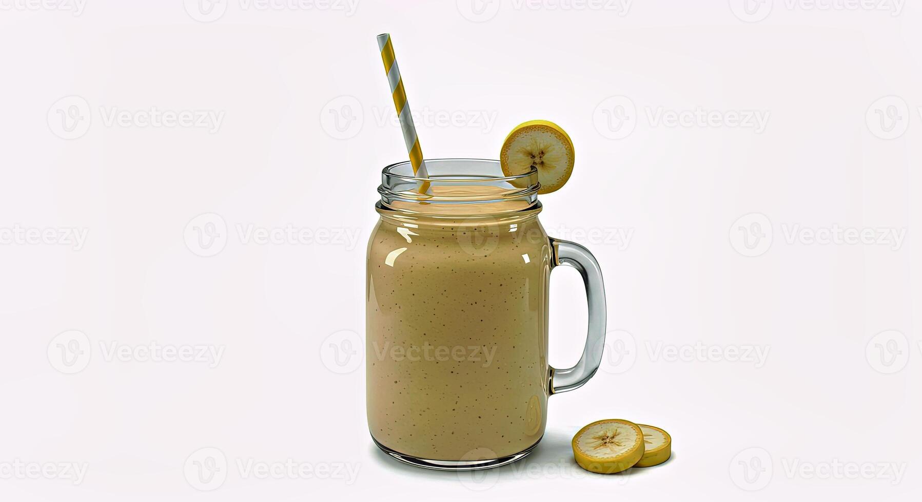 Refreshing Creamy Banana Smoothie in Vintage Jar with Straw photo