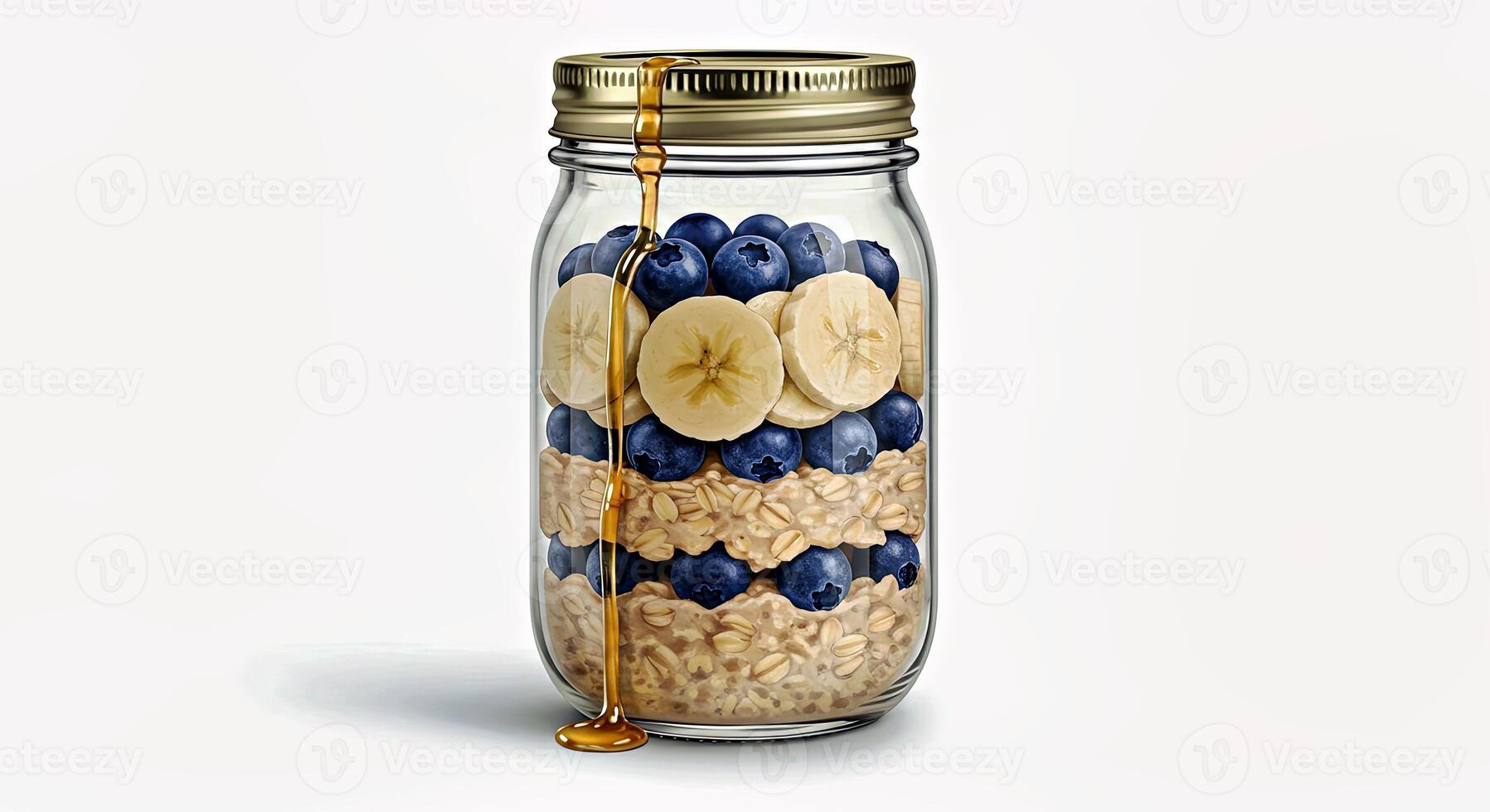 Healthy Banana and Blueberry Overnight Oats in a Glass Jar for Easy Breakfast photo