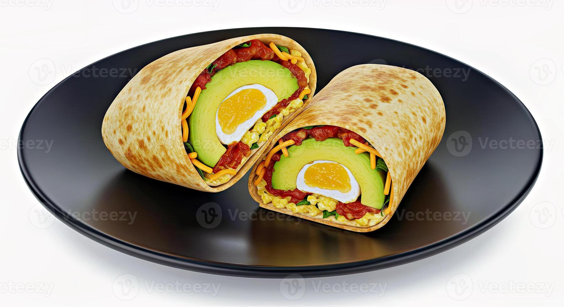 Savory Avocado Breakfast Burrito Halves Arranged Neatly on a Minimalist Black Plate photo