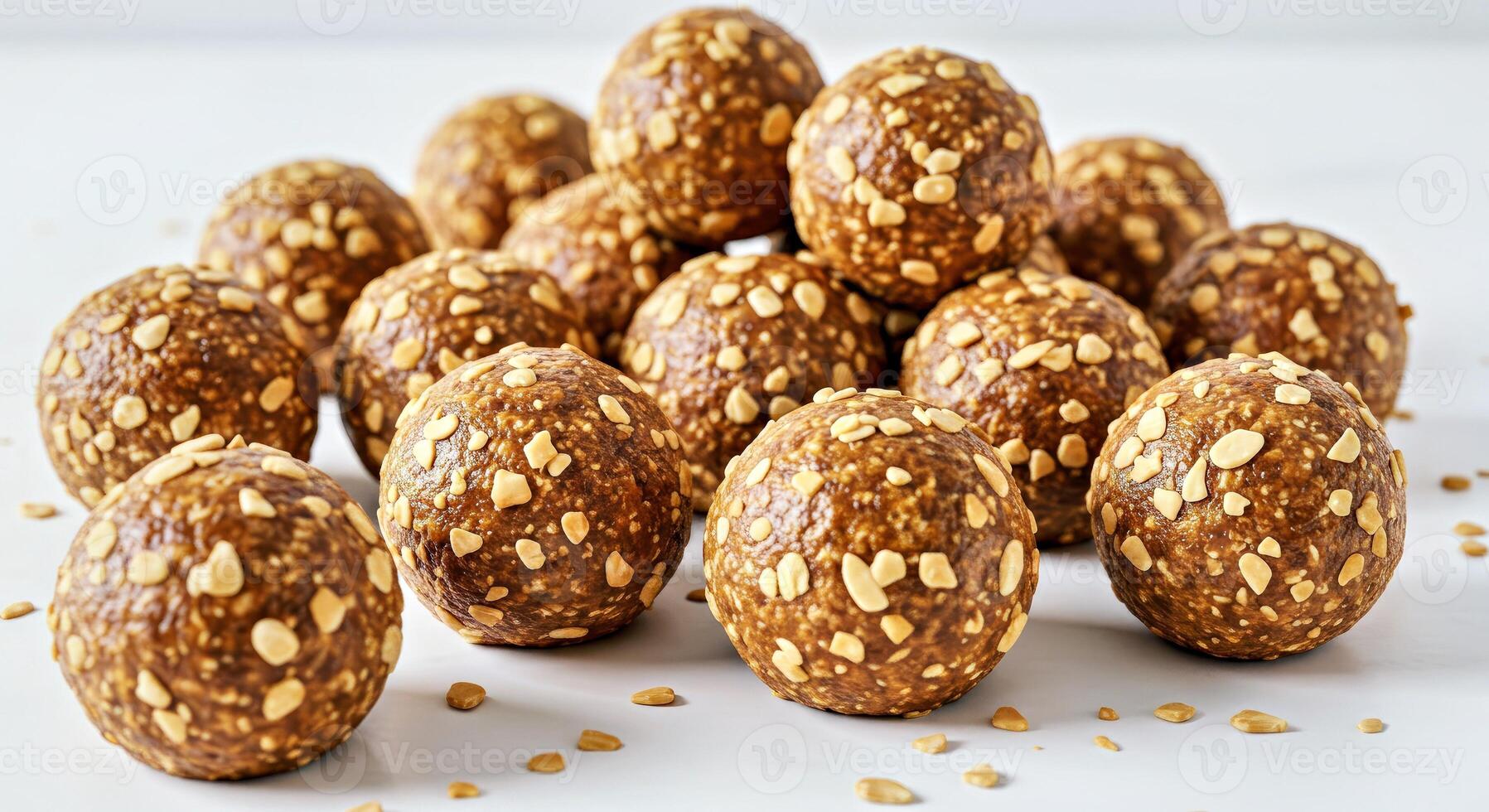 Homemade Banana Oat Energy Balls with Almond Crumbs Scattered on White Background photo