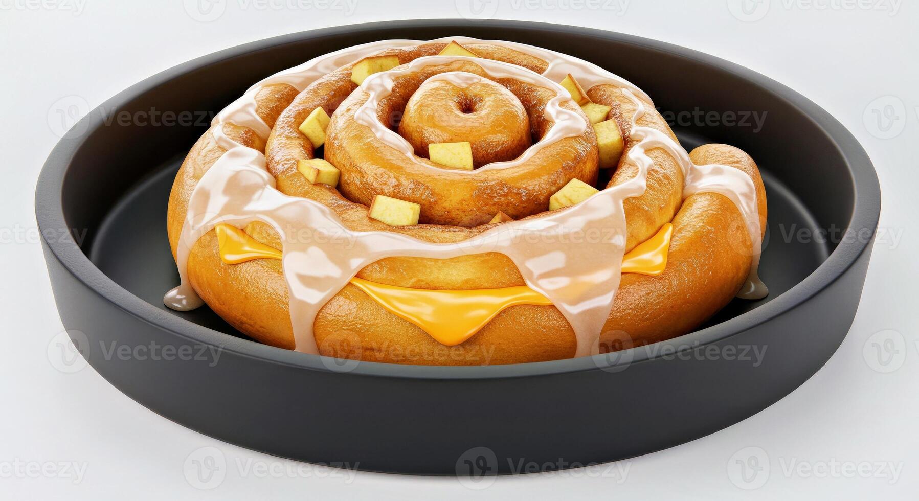 Soft Apple Cinnamon Roll with Cream Cheese Icing in a Black Dish Against White Background photo