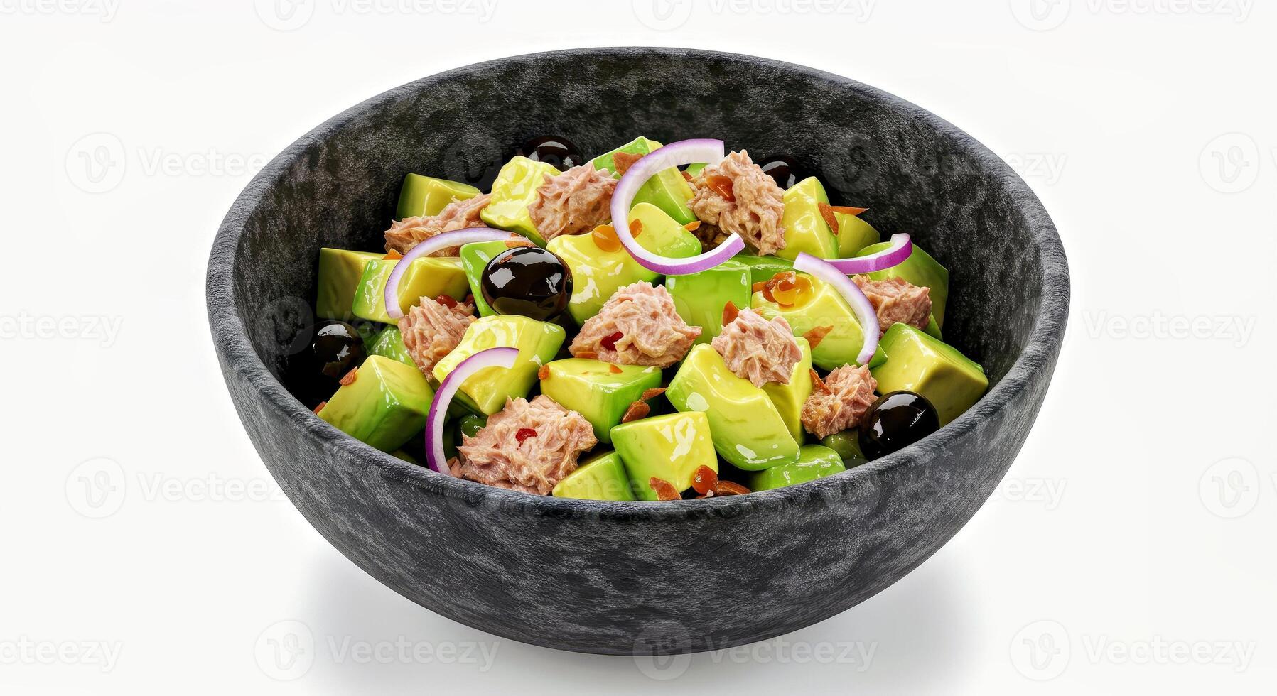 Fresh Avocado and Tuna Salad in a Black Stoneware Bowl Ready to Serve or Eat photo