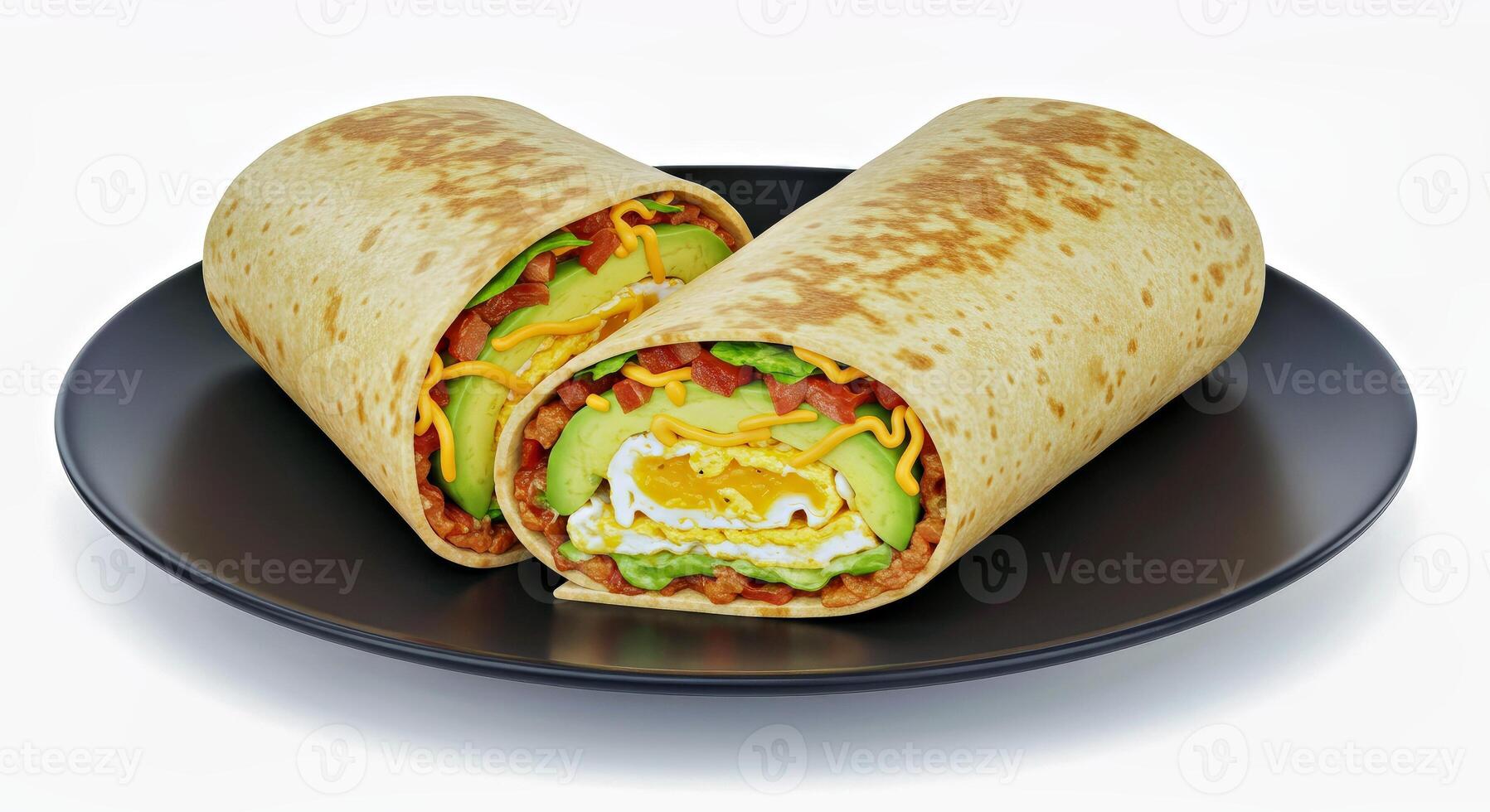 Overhead Shot of Avocado Breakfast Burrito Halves Served on a Simple Black Plate photo
