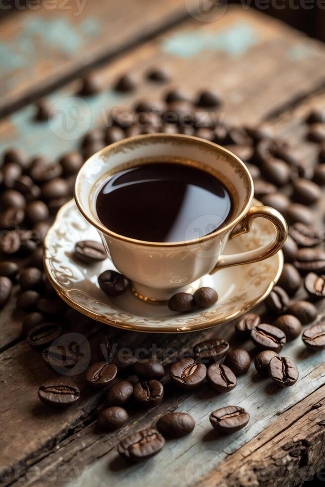 Coffee beans on wooden table photo