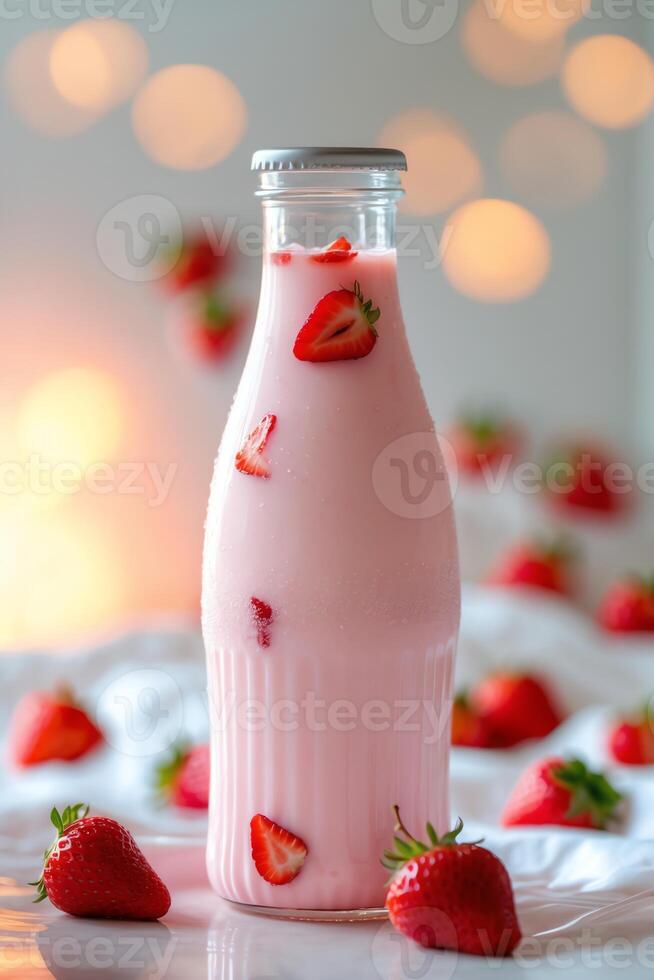 A glass bottle with strawberry milk on a table photo