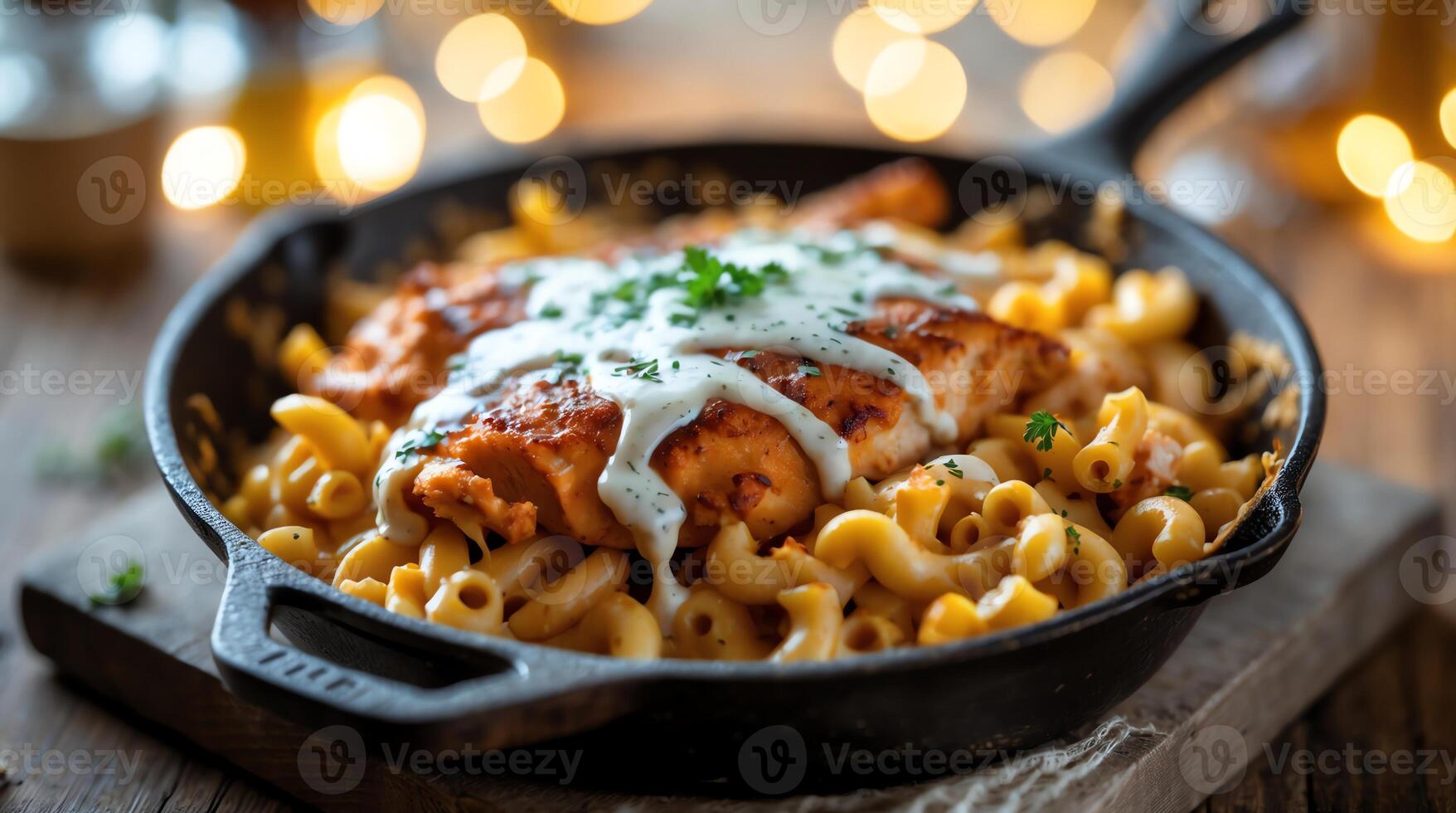 A skillet with pasta and chicken in it photo