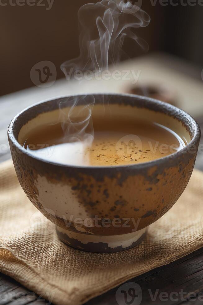 A bowl of tea with steam coming out of it photo