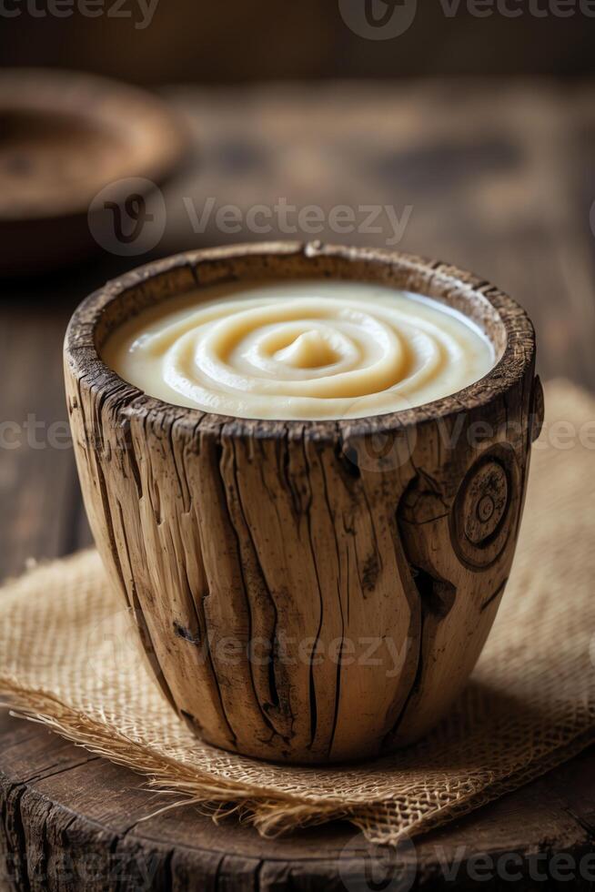 A bowl of cream in a wooden bowl on a table photo