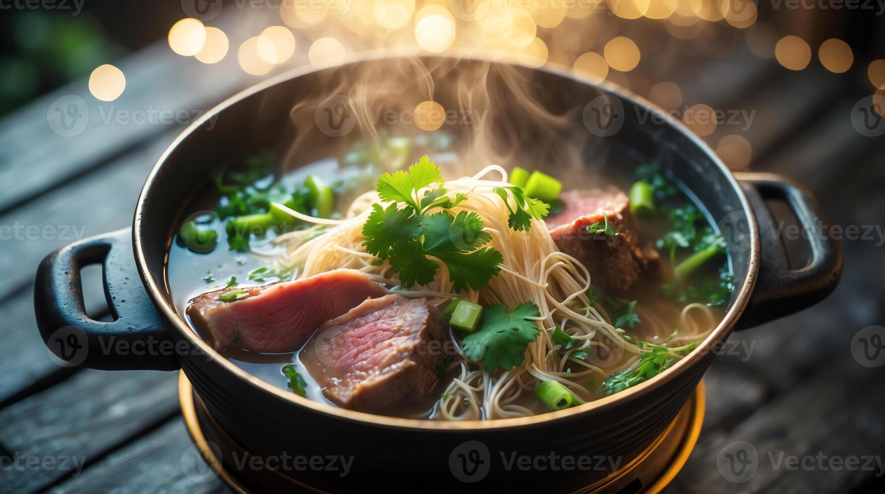 A bowl of beef and noodles with a steaming pot photo