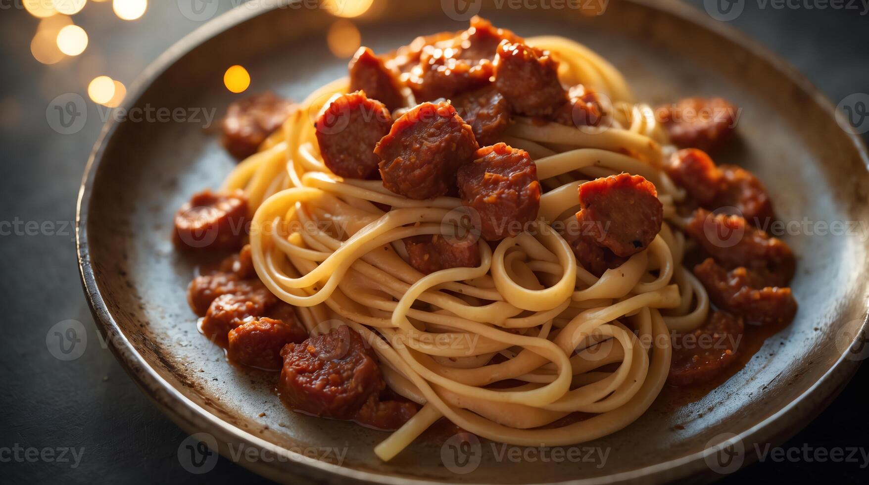 Spaghetti with meat and sauce on a plate photo