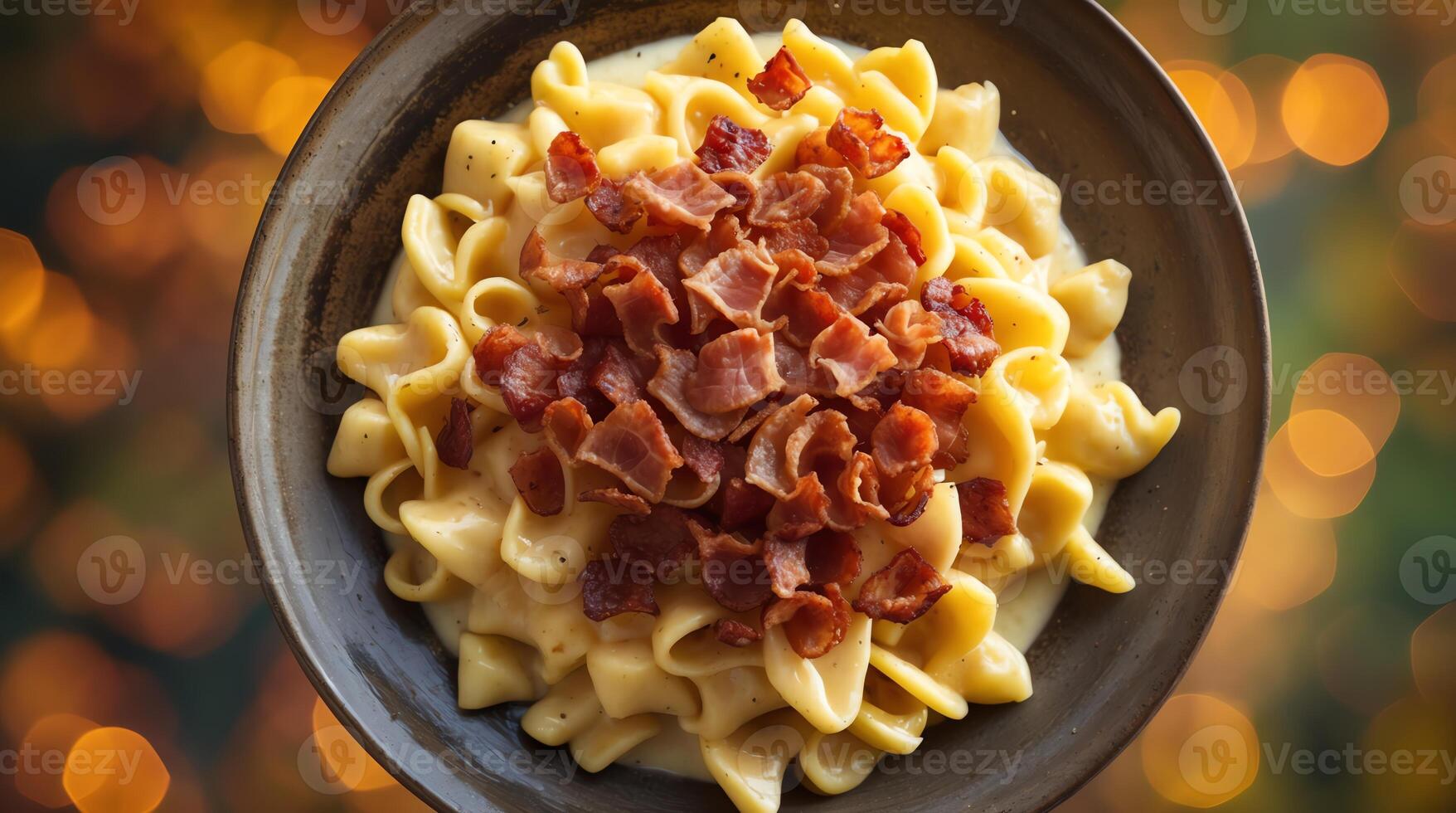 A plate of macaroni and cheese with bacon photo