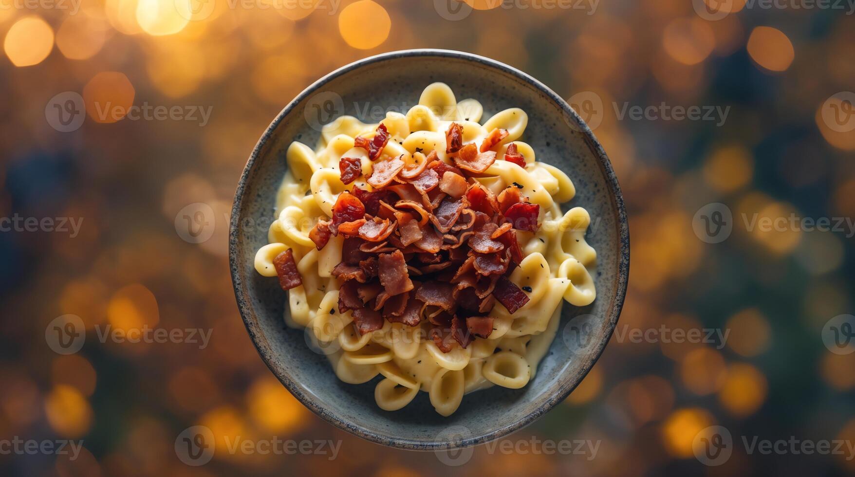 A plate of pasta with bacon on it photo