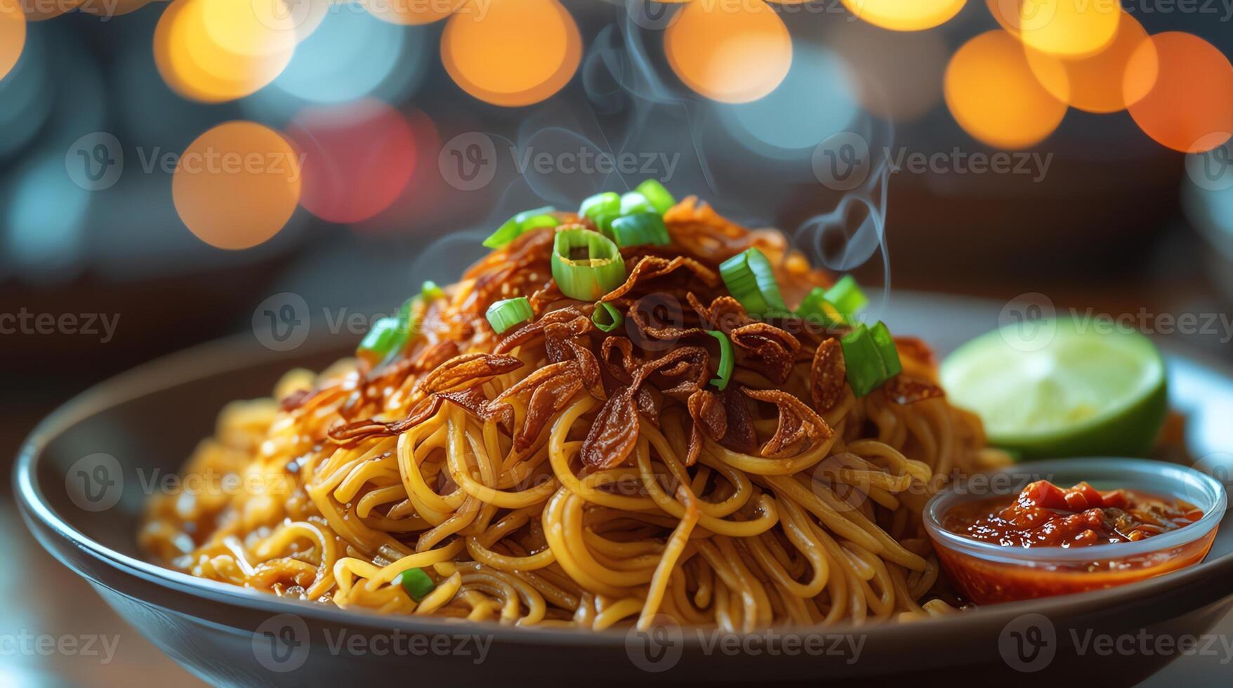A bowl of noodles with sauce and green onions photo