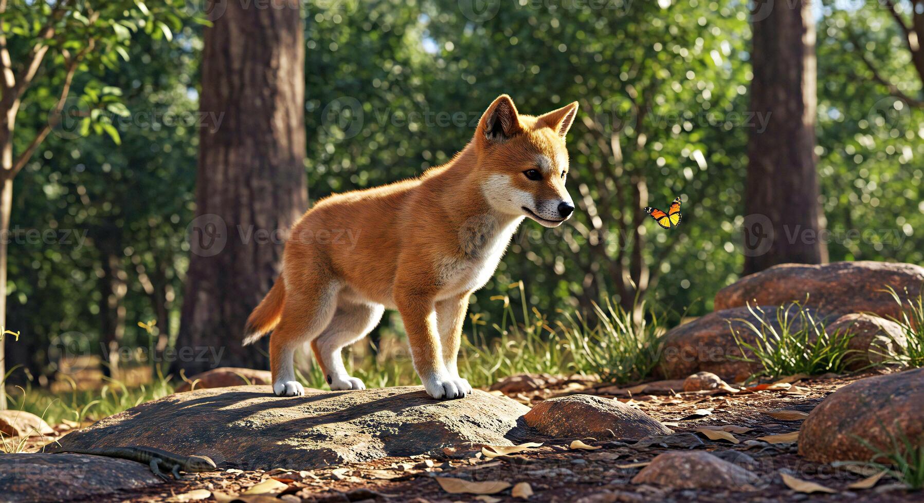 A dog is standing on a rock in the woods photo