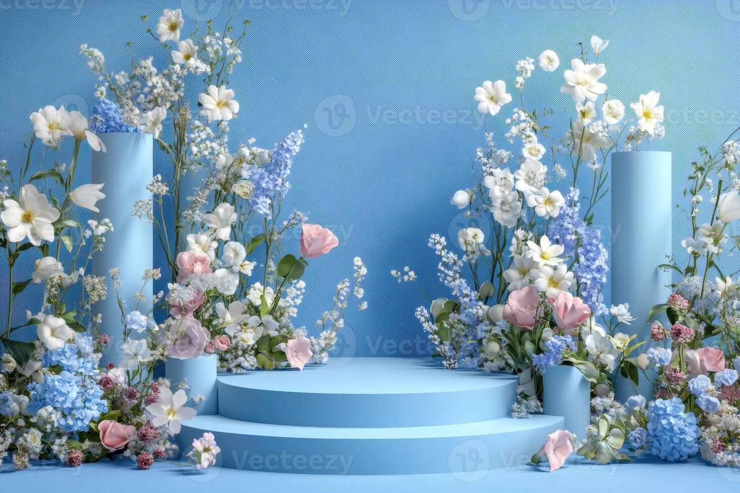 blue stage with flowers and candles photo