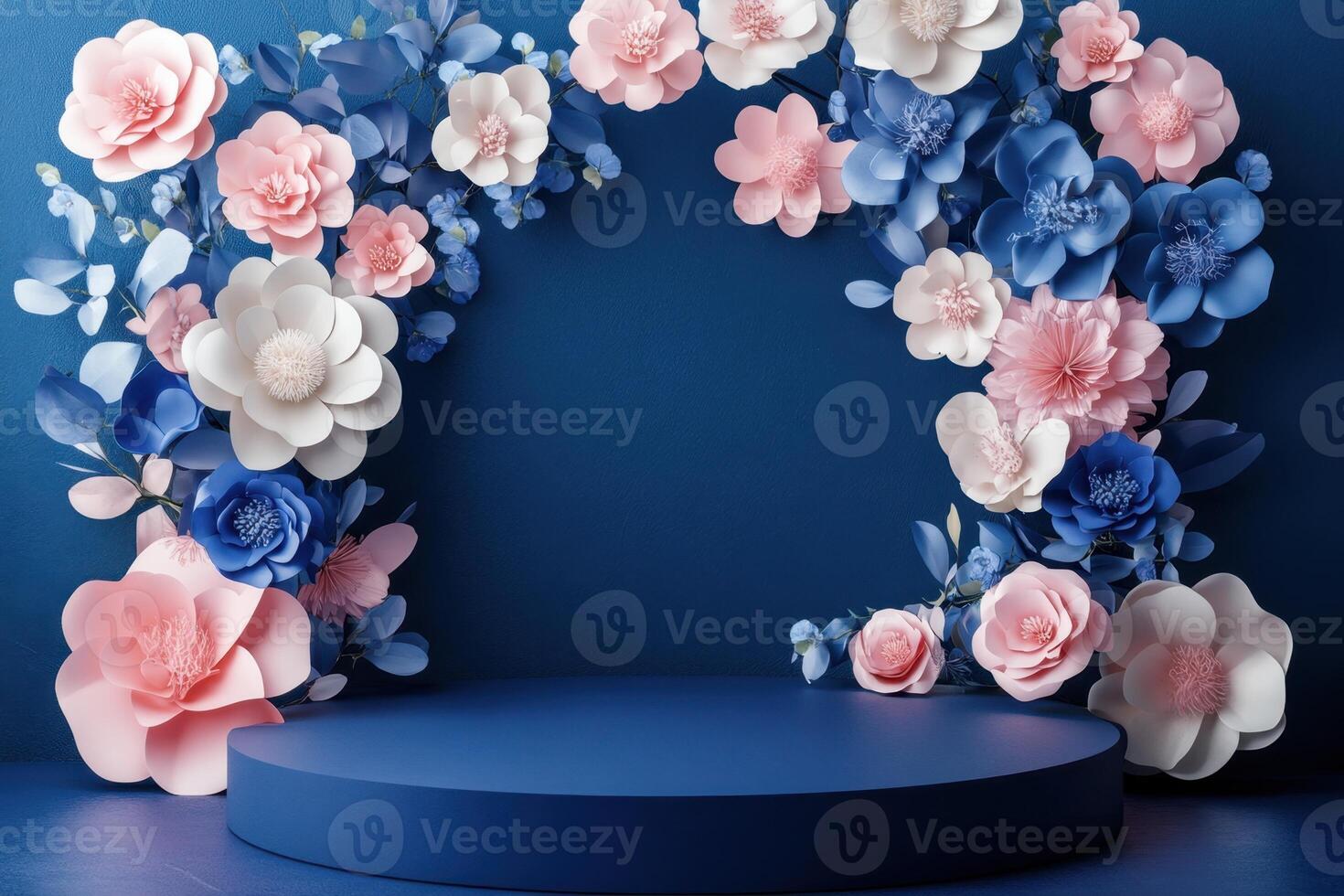 stage with flowers and a blue wall photo