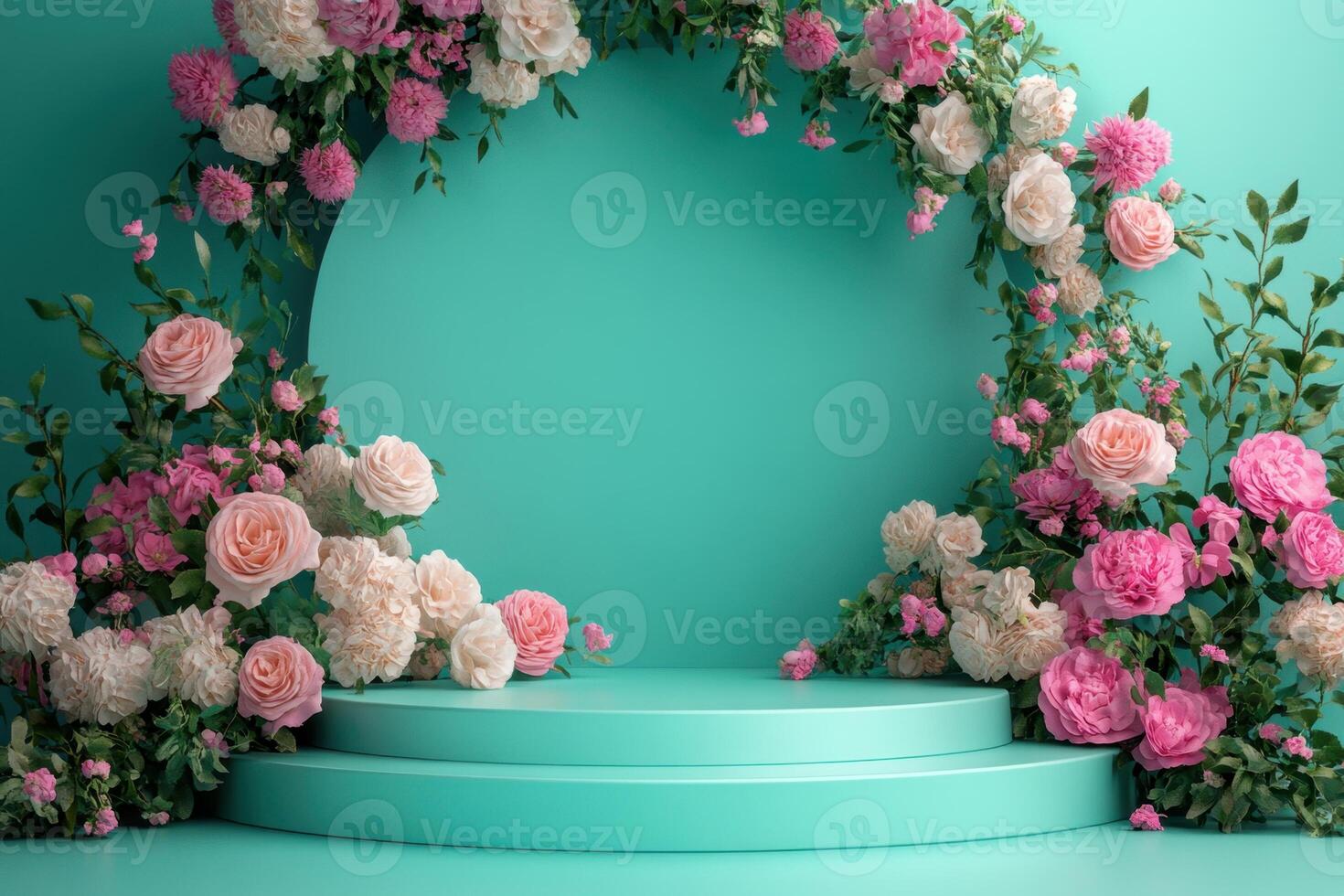 a stage with flowers and a circle of pink roses photo