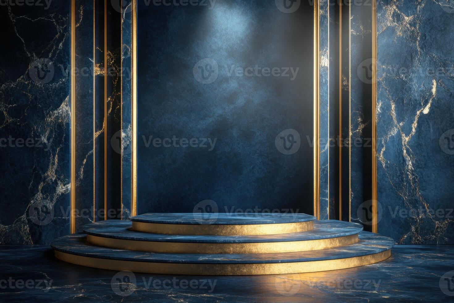 an empty stage with blue marble walls and gold pillars photo