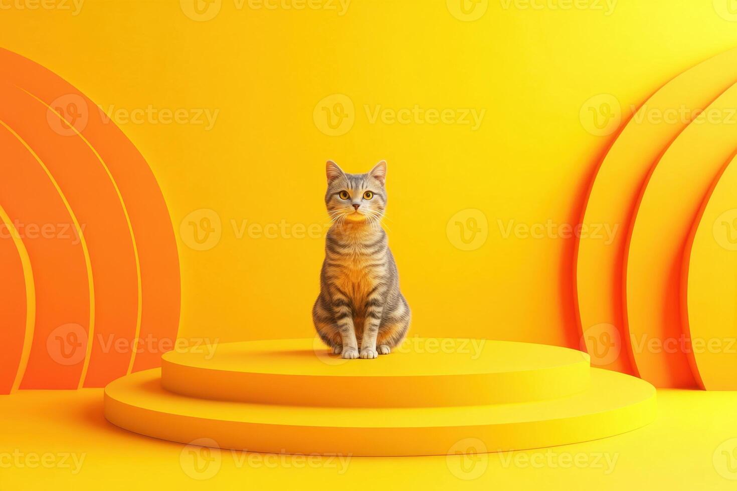 a cat sitting on a platform in front of a yellow background photo