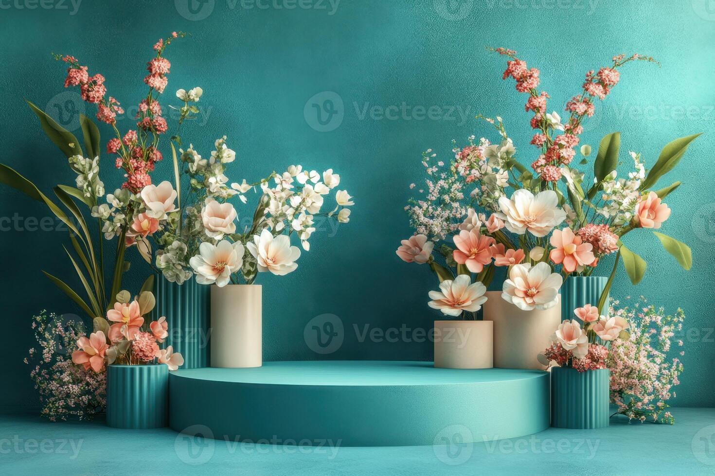 flowers in vases on stage with blue wall photo