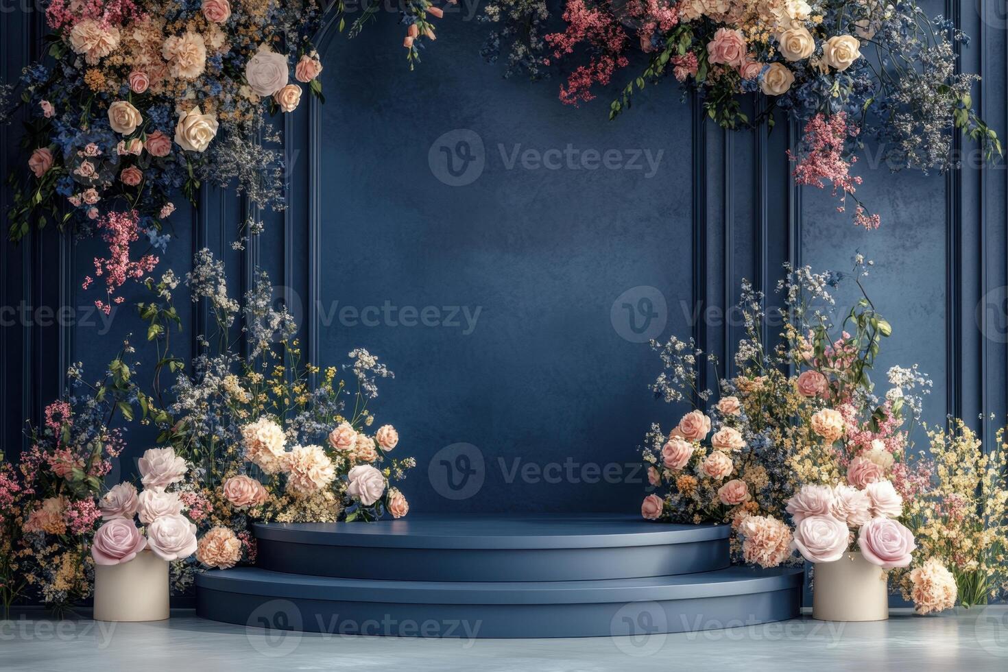 a stage flowers and a blue wall photo