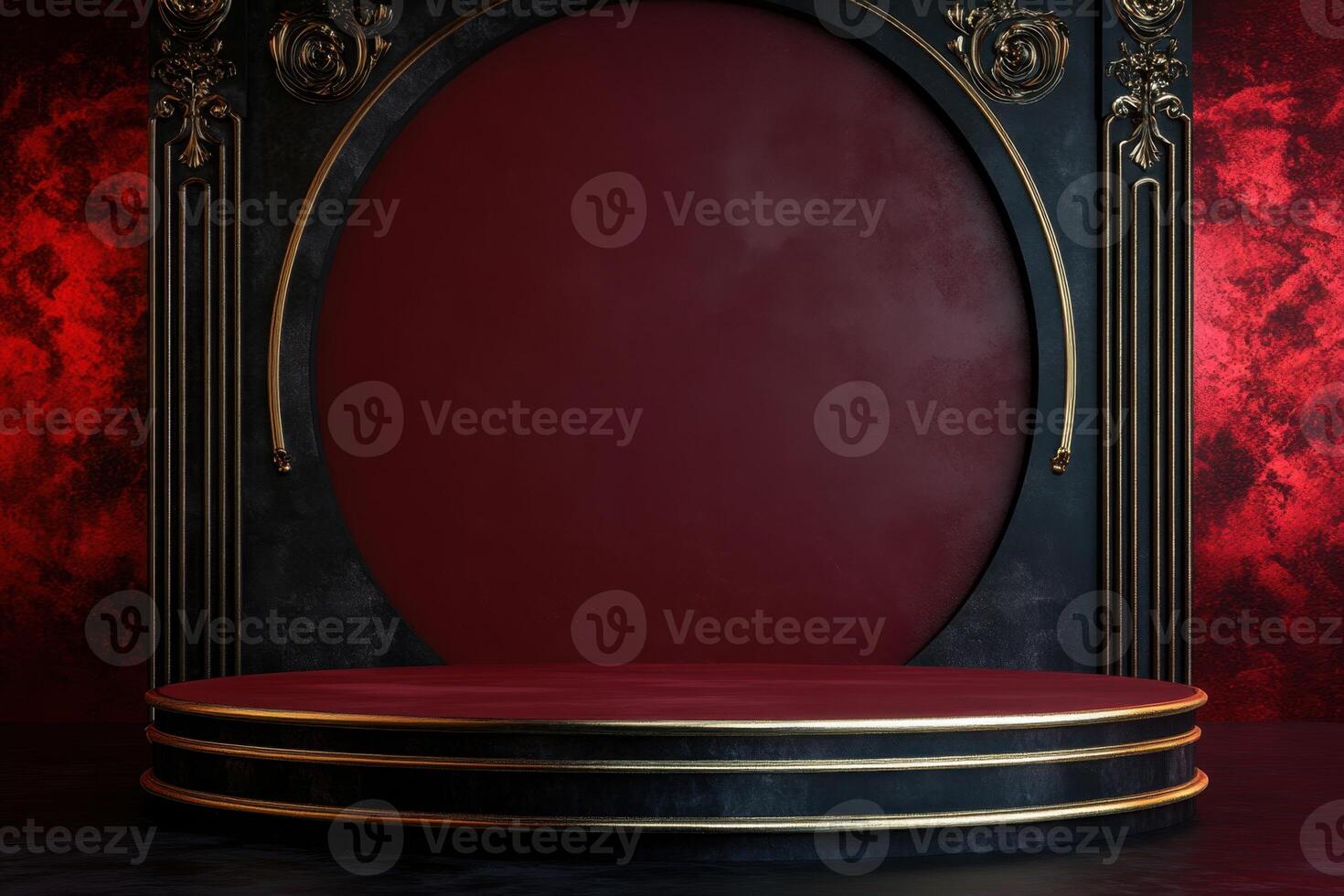 an empty stage with a red background and a gold frame photo