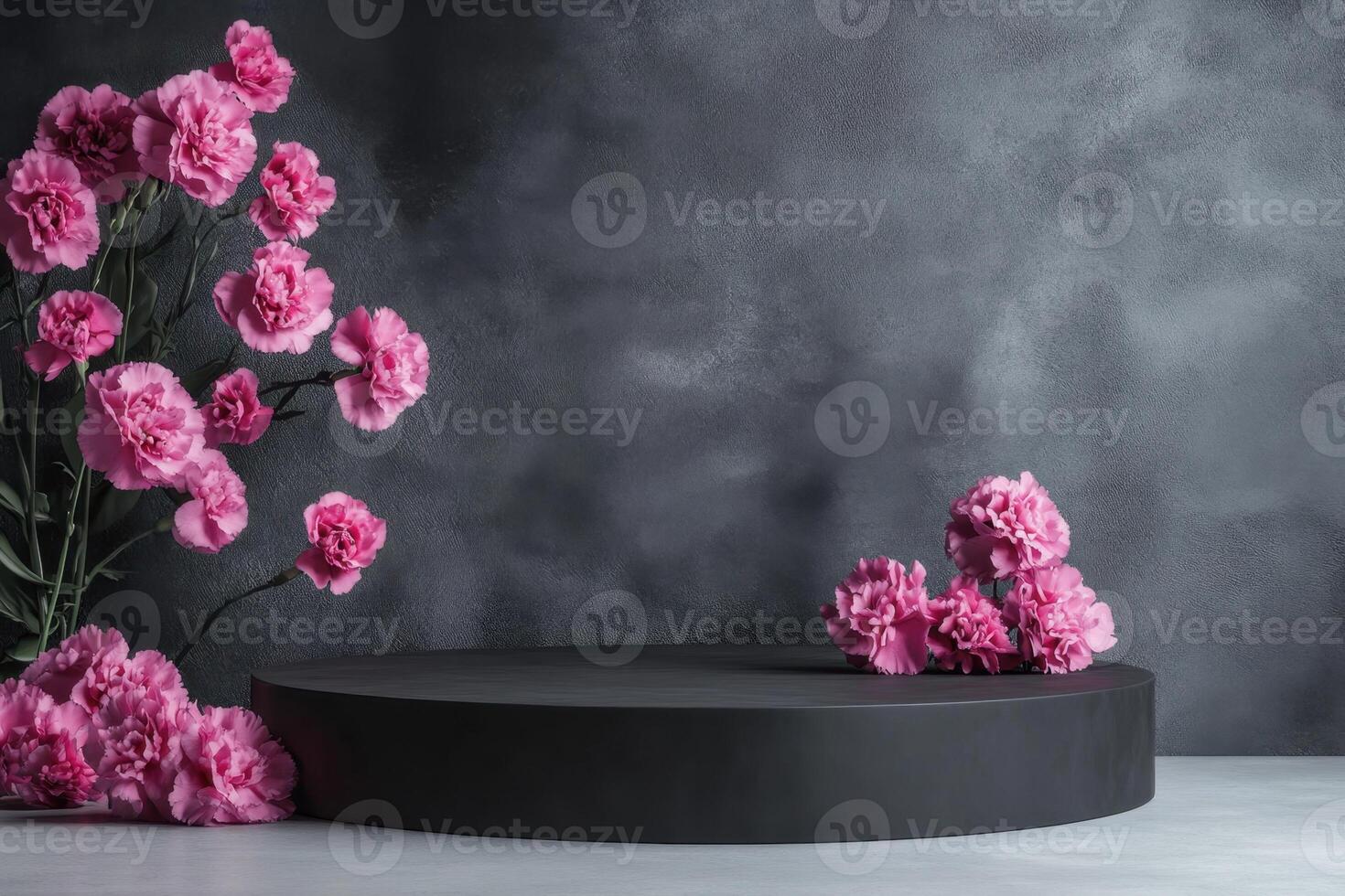 pink carnations on a black round table photo