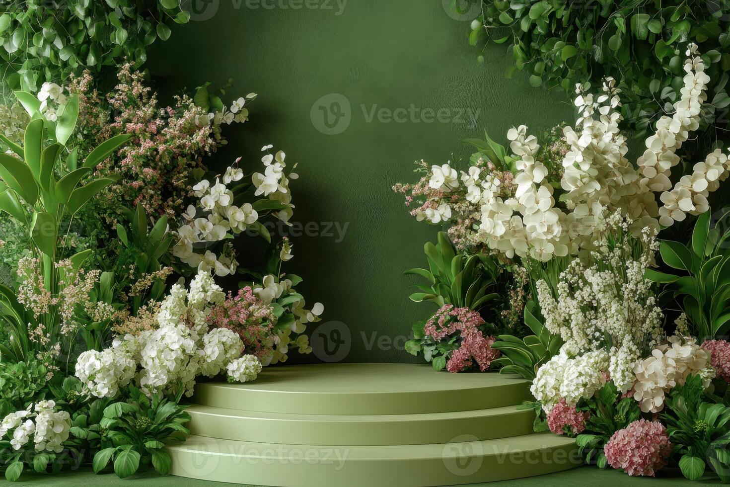 a green stage with flowers and plants photo