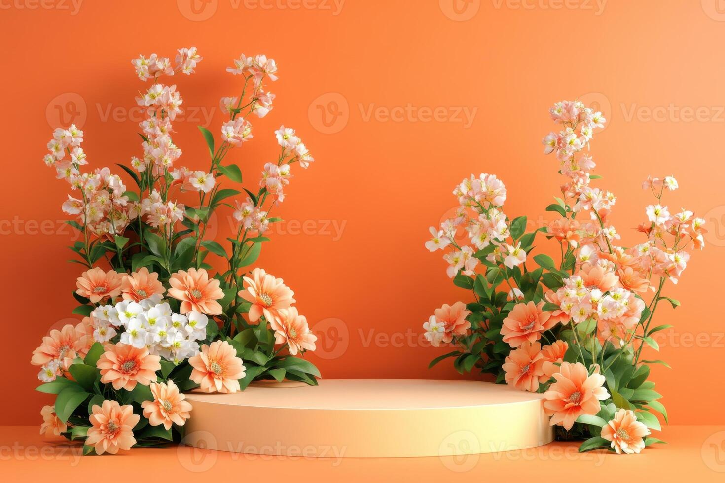 flowers on pedestal on orange background photo