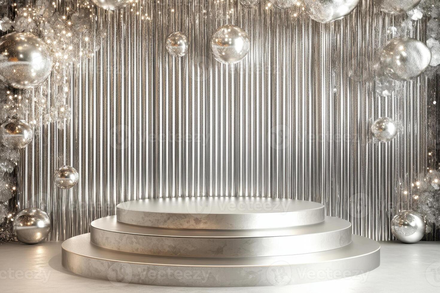 a stage with silver balloons and a podium photo