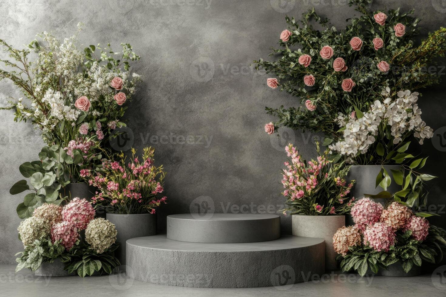 a stage with flowers and plants in front of a wall photo