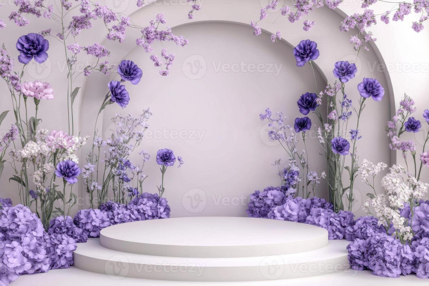 purple flowers and white walls in a room photo