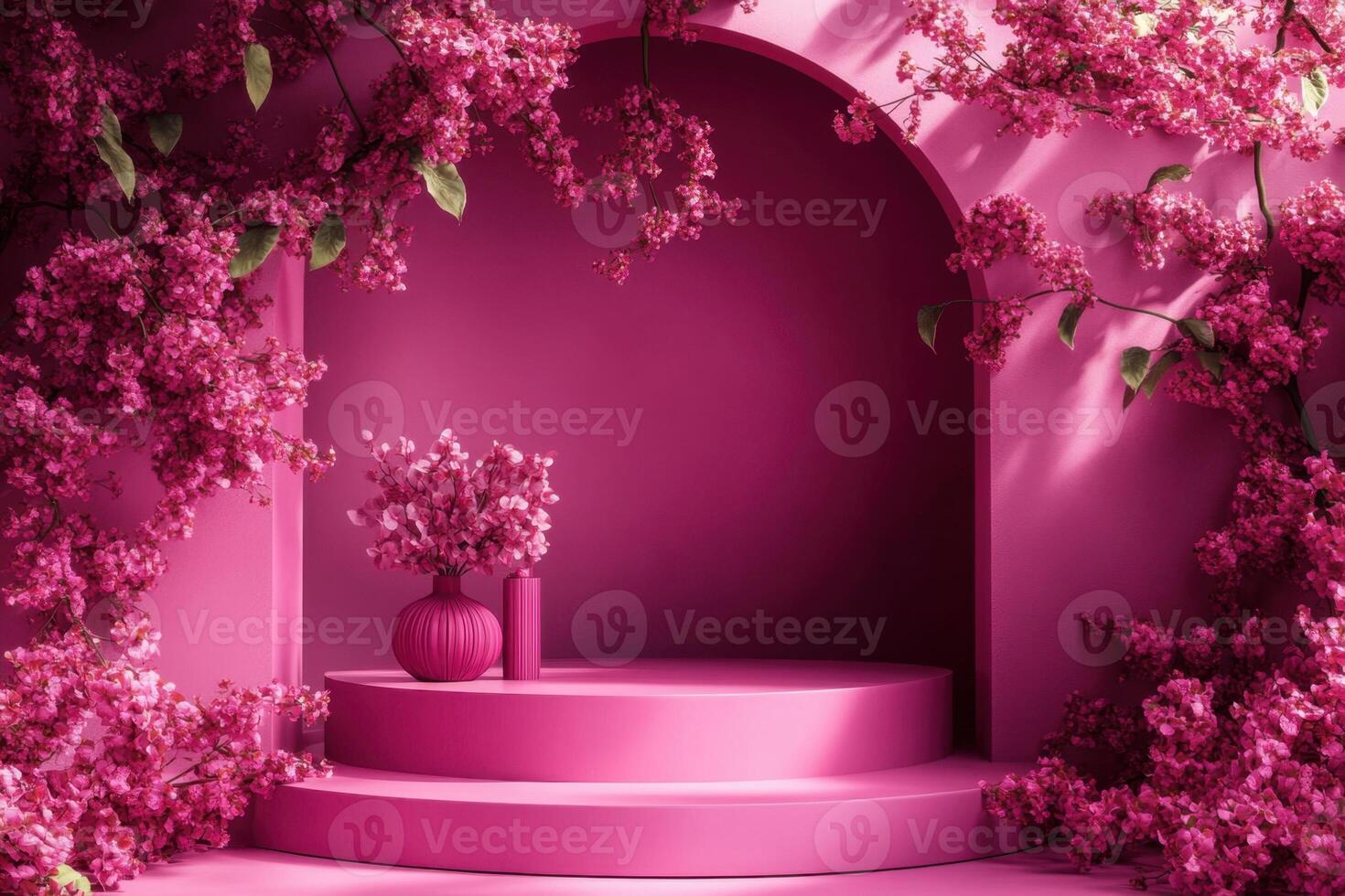 a pink room with flowers and a window photo